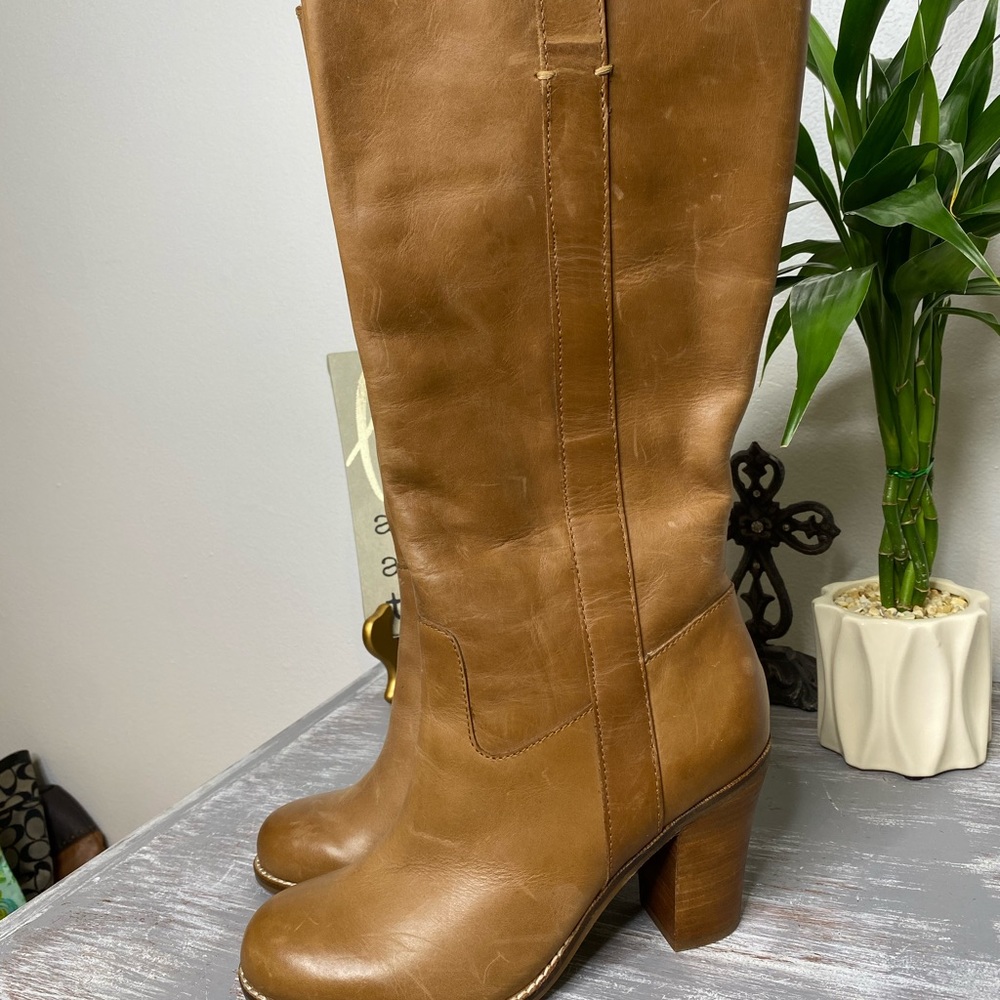 Lucky Brand Maidie tan brown leather knee high smoothed out boots Size 8M - Picture 2 of 8
